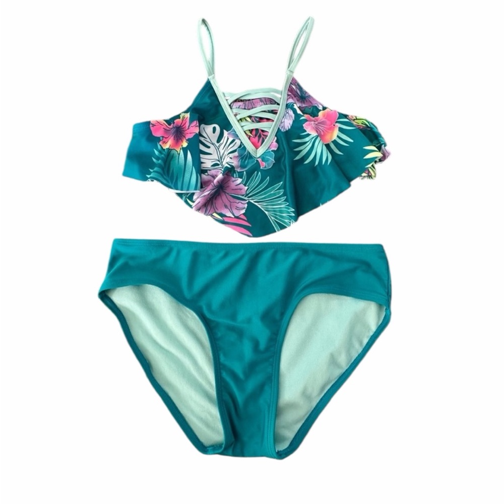 Justice Teal and Pink Floral Girl’s Ruffle Bikini
Large (12-14) Excellent Cond